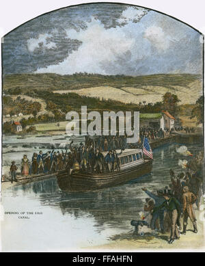 ERIE-KANAL ÖFFNEN, 1825. /nThe Eröffnung des Erie-Kanals im Bundesstaat New York, 26. Oktober 1825: Holz, Gravur, 1887. Stockfoto