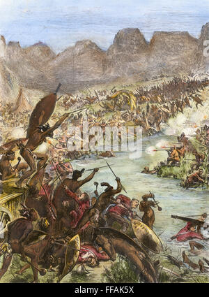 ZULU KRIEG, 1879. / nZulu Krieger Angriff eine Eskorte von der 80. Regiment am Fluss Intombi: Holzstich aus einer zeitgenössischen englischen Zeitung. Stockfoto