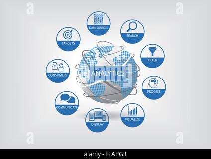 Symbole für Daten und Web Analytics mit Weltkarte Stock Vektor