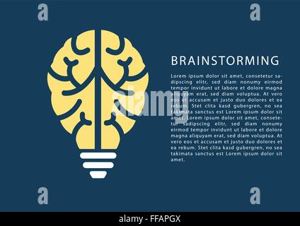 Brainstorming-Konzept mit Gehirn und Glühbirne Symbol und Text als Vorlage. Stock Vektor