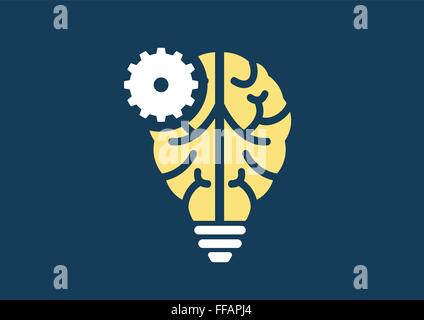 Lernen und künstliche Intelligenz Maschinenkonzept mit Gehirn und Glühbirne Symbol und Text als Vorlage. Stock Vektor