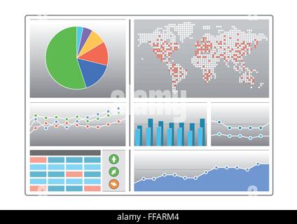 Dashboard mit verschiedenen Arten von Diagrammen wie Kreisdiagramm, Weltkarte, Balkendiagramm, Liniendiagramm, Tabellen und Indikatoren im flat design Stock Vektor