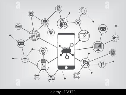 Cloud-computing-Konzept für mobile Geräte. Vektor-Icons auf grauem Hintergrund Stock Vektor