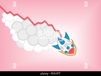 Negativen sinkende Wachstum Diagramm und Cartoon Rakete fallen Stock Vektor