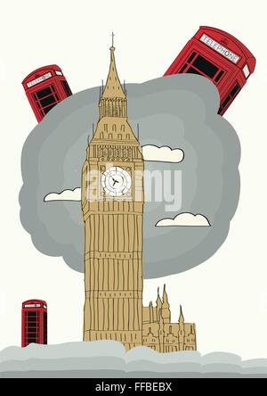 London-Vektor-Illustration mit big Ben und rote Telefonzelle Stock Vektor