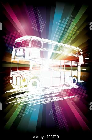 London-Bus auf Regenbogen-Hintergrund-Vektor-Illustration für Party flyer Stock Vektor