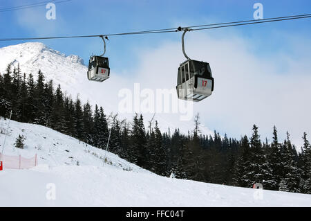 Tatranska Lomnica, hohe Tatra, Slowakei - Januar 07. 2009: Blick auf den Lift, Lomnicke Sedlo und Lomnicky Stit in der hohen Tatra Stockfoto