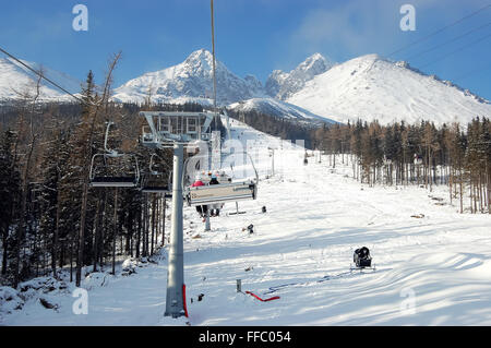 Tatranska Lomnica, hohe Tatra, Slowakei - Januar 07. 2009: Blick auf den Lift, Lomnicke Sedlo und Lomnicky Stit in der hohen Tatra Stockfoto