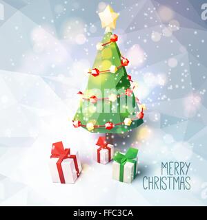 Low-Poly Weihnachtsszene mit Weihnachtsbaum und Geschenke - Christmas Greeting Card Stock Vektor