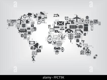 Internet der Dinge (IOT) und globale Konnektivität Konzept. Weltkarte der angeschlossenen intelligenten Geräten mit flachen design Stock Vektor