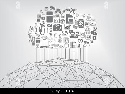 Internet der Dinge (IOT) und Cloud-computing-Konzept für die angeschlossenen Geräte im World Wide Web. Vektor-Illustration mit Symbolen Stock Vektor