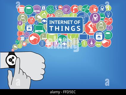 Internet der Dinge-Vektor-Illustration durch flache Bauform. Finger ist eine smart-Uhr am Handgelenk berührt, um Geräte zu steuern Stock Vektor
