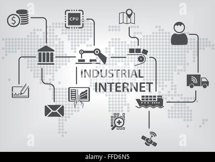 Industrielle Internet (IOT) Konzept mit Welt Karte und Prozess der Gesamtdurchfluss Business Automatisierung von Industrien. Stock Vektor