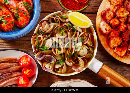 Tapas Meeresfrüchte Muscheln Garnelen Sardellen Garnelen Tintenfisch Pulpo aus Spanien Stockfoto