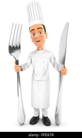 3D Chefkoch mit Gabel und Messer, isoliert weißen Hintergrund Stockfoto