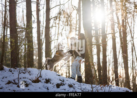 Mann zu Fuß mit husky Hunde im Winterwald Stockfoto