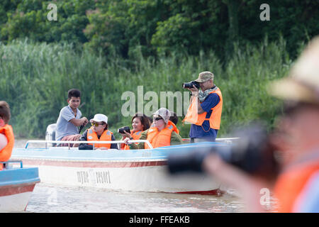 Touristen, die Wildbeobachtung von Booten auf dem Kinabatangan Fluss, Sabah, Malaysia Stockfoto