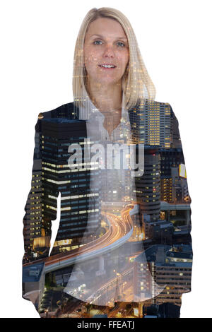Business Konzept Frau Geschäftsfrau Porträt Manager Doppelbelichtung Stadt isoliert auf weißem Hintergrund Stockfoto