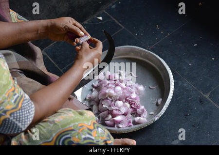 Mumbai, Indien - 28. Oktober 2015 - Frau schneiden Chili und Zwiebeln auf einem traditionellen schneiden Hocker in indischen Küche Stockfoto