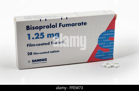 eine Schachtel mit Bisoprolol Furmarate, ein Beta-Blocker Medikament oft zur Senkung des Blutdrucks Stockfoto