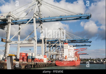 Containerschiffe am Fergusson Wharf, Hafen von Auckland, Neuseeland. Stockfoto