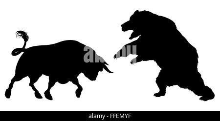 Einen Bären kämpfen ein Stier steht für die Bären im Vergleich zu Bullen Börse Metapher, Silhouette Stockfoto