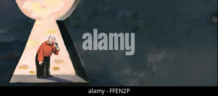 ein Mann in eine Sperre sieht verwirrt einen Schlüssel Stockfoto