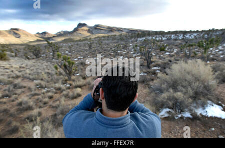 Suchscheinwerfer, Nevada, USA. 12. Februar 2016. Regisseur David Lamfrom der kalifornische Wüste und National Wildlife rastet ein Foto, da er hohe Wüstengebiet der Burg Berge Montag, 1. Februar 2016 Touren. Eine 21.000 Hektar großen Parzelle südwestlich von Searchlight, Nevada in Kalifornien wird vorgeschlagen, als nationales Denkmal zum Schutz einer Fläche weggelassen, wenn die 1,5 Millionen Hektar großen Mojave National Preserve 1994 gegründet wurde. US-Präsident Barack Obama nutzt seine Autorität unter dem Antiquities Act erstelle ich drei Denkmäler der Mojave-Wüste auf fast 2 Millionen Hektar einschließlich der rund 21.000 Hektar großen Burg Mo Stockfoto