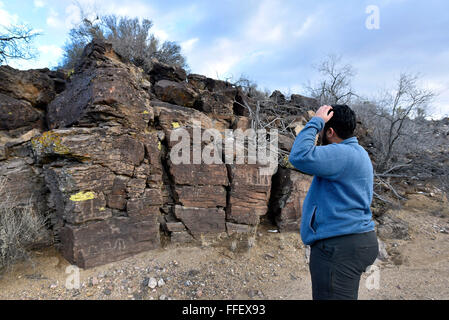 Suchscheinwerfer, Nevada, USA. 12. Februar 2016. Regisseur David Lamfrom der kalifornische Wüste und National Wildlife weist darauf hin Petroglyphen auf einem Felsvorsprung Felsen wie er hohe Wüstengebiet der Burg Berge Montag, 1. Februar 2016 Touren. Eine 21.000 Hektar großen Parzelle südwestlich von Searchlight, Nevada in Kalifornien wird vorgeschlagen, als nationales Denkmal zum Schutz einer Fläche weggelassen, wenn die 1,5 Millionen Hektar großen Mojave National Preserve 1994 gegründet wurde. US-Präsident Barack Obama nutzt seine Autorität unter dem Antiquities Act erstelle ich drei Denkmäler der Mojave-Wüste auf fast 2 Millionen Hektar einschließlich der Stockfoto