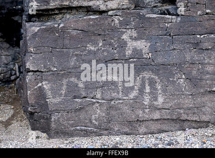 Suchscheinwerfer, Nevada, USA. 12. Februar 2016. Petroglyphen sind zu sehen auf einem zu Tage tretenden Felsen im hohen Wüstengebiet der Burg Berge Montag, 1. Februar 2016. Eine 21.000 Hektar großen Parzelle südwestlich von Searchlight, Nevada in Kalifornien wird vorgeschlagen, als nationales Denkmal zum Schutz einer Fläche weggelassen, wenn die 1,5 Millionen Hektar großen Mojave National Preserve 1994 gegründet wurde. US-Präsident Barack Obama nutzt seine Autorität unter dem Antiquities Act erstelle ich drei Denkmäler der Mojave-Wüste auf fast 2 Millionen Hektar einschließlich der rund 21.000 Hektar großen Schloss Berge National Monument, Sand, Schnee nationalen Mo Stockfoto