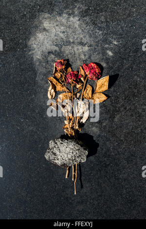 getrockneten Strauß roter Rosen auf einer Steinoberfläche durch einen Stein an Ihrem Platz gehalten. Stockfoto