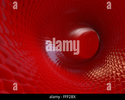 3D unendliche herzförmigen Tunnel von leuchtenden Fackeln auf rotem Grund. Leuchtende Punkte bilden Herz Tunnel. Abstrakte Valentinstag Stockfoto