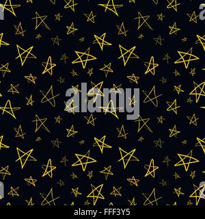Goldene Hand gezeichnete Sterne am Nachthimmel, nahtlose Muster Stock Vektor