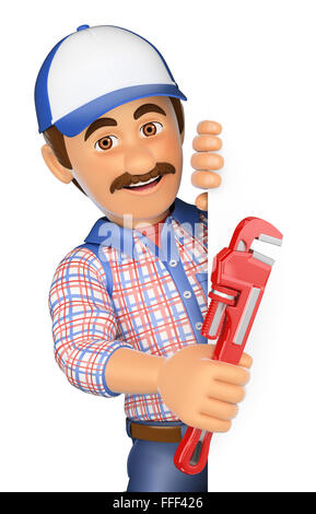 3d arbeiten Menschen. Klempner mit einer Rohrzange beiseite zeigt. Leerzeichen. isoliert weißer Hintergrund. Stockfoto