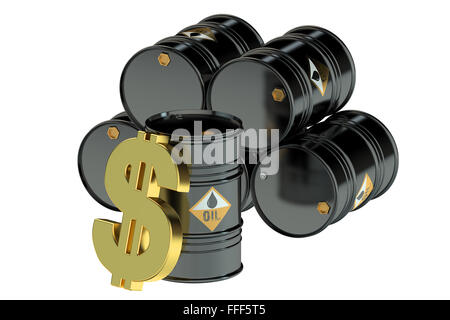 Ölfässer mit Dollar-Symbol isoliert auf weißem Hintergrund Stockfoto