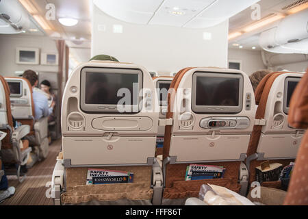 Kabine des A380 Doppeldecker Singapore Airlines Airbus am Changi Airport, Singapore Abreise nach London. Stockfoto