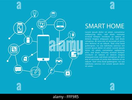 Smart home-Automation-Konzept mit Mobiltelefon angeschlossen Geräte. Vektor Vorlage mit Text. Stock Vektor