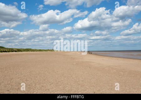 Zwei Personen an einem Sandstrand spazieren an einem sonnigen Sommertag bei Ebbe, Mablethorpe Strand, Lincolnshire, England, Großbritannien Stockfoto