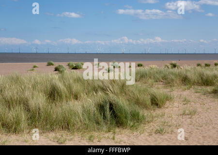 Off Shore-Windpark in der Nähe Strand in der Nordsee, England, UK Stockfoto