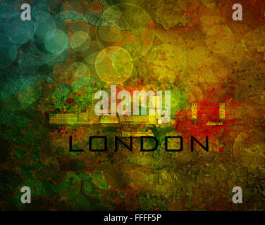 Londoner Great Britain City Skyline mit Paint Splatter Abstract Grunge Texturen Hintergrund Farbe Abbildung Stockfoto