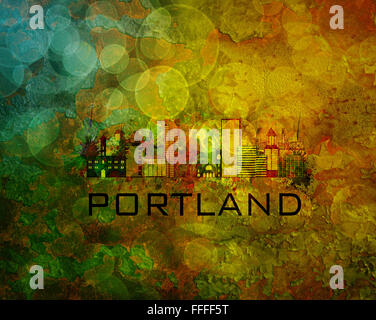 Portland Oregon City Skyline mit Paint Splatter abstrakte Onn Grunge Texturen Hintergrund Farbe Abbildung Stockfoto