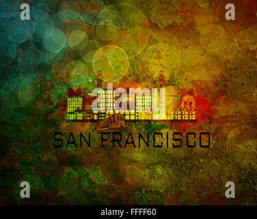 San Francisco Kalifornien Stadt Skyline mit Paint Splatter Abstract Grunge Texturen Hintergrund Farbe Abbildung Stockfoto