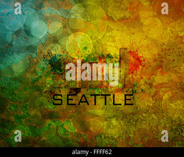 Skyline von Seattle Washington mit Paint Splatter Abstract Grunge Texturen Hintergrund Farbe Abbildung Stockfoto