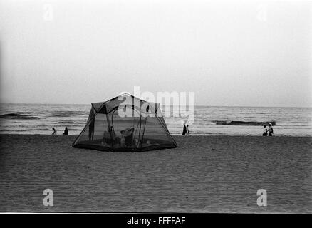 4. Januar 2016 - South Beach, KwaZulu-Natal, Südafrika - Katzen ist ein Surf-Bademeister, wenn er geht an den Strand nach Stunden sitzt er in einem Zelt, weil er seinen eigenen persönlichen Raum mag. South Beach ist ein Teil der Stadt Durban am längsten ununterbrochenen Strecke von Strandsand. Die Stadt Durban ist an der Ostküste Südafrikas und die Menschen hier sind mit den warmen Gewässern des Indischen Ozeans gewaschen. Im Norden dieser Strecke von Sand sind Strände mit Café-Gesellschaft hängen Outs. Im Süden befindet sich eine Anlegestelle mit der gehobenen Moyo Restaurant am Ende und die uShaka Marine World ein Stockfoto