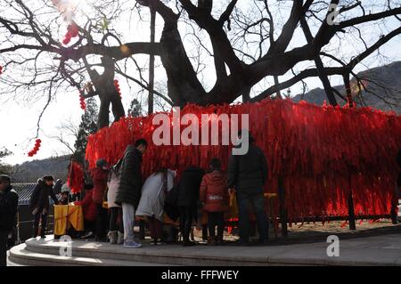 Peking, China. 13. Februar 2016. Touristen genießen selbst in einem Frühlingsfest Tempel fair in Badachu Park in Peking, China, 13. Februar 2016. Da die Frühlingsfest-Urlaub zu Ende geht, besucht viele Touristen Badachu Park am letzten Tag der Messe seinen Tempel. Bildnachweis: Jinma Mengni/Xinhua/Alamy Live-Nachrichten Stockfoto