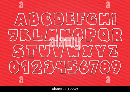 Satz von weißen Papieretiketten, stilvolle Alphabet Buchstaben und Zahlen auf rotem Hintergrund isoliert. Vektor, 3d Stil Schriftart Design. t Stock Vektor