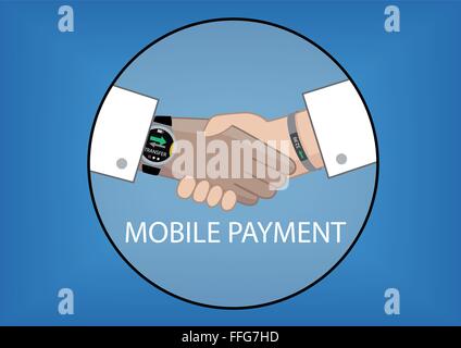 Flaches Design-Vektor-Illustration für mobile Zahlungen von digitalem Geld-Transaktion mit smart Watch und Wearable visualisiert Stock Vektor