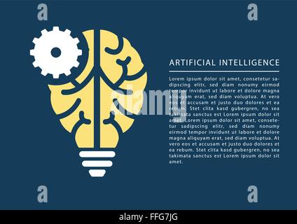 Lernen und künstliche Intelligenz Maschinenkonzept mit Gehirn und Glühbirne Symbol und Text als Vorlage. Stock Vektor