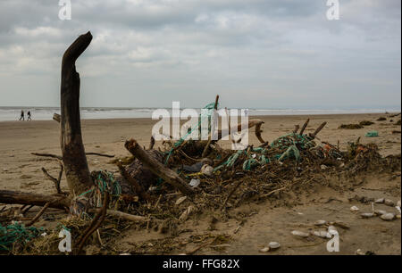 Süd-Wales, UK. 13. Februar 2016. Das Ergebnis der jüngsten orkanartigen Winden und hohen Gezeiten hinterlassen eine Spur der Verschmutzung, einschließlich Kunststoff, Pembrey Sands (Cefn Sidan), Pembrey Country Park, in der Nähe von Llanelli, Carmarthenshire, Wales, UK angespült. Inmitten der Trümmer sind Soft-Shell Muscheln oder Sand Gapers (Mya Arenaria) von Carmarthen Bay, auch durch die Flut gestrandet. © Algis Motuza/Alamy Live News Bildnachweis: Algis Motuza/Alamy Live-Nachrichten Stockfoto