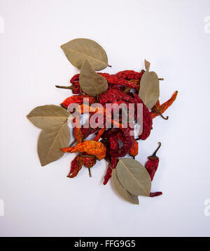 Viel Rot-heiße Paprika mit Lorbeerblatt getrocknet Stockfoto